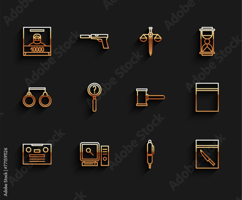 Set line Retro audio cassette tape, Search on computer screen, Wanted poster, Pen, Evidence bag and knife, Magnifying glass with search, Plastic ziplock and Judge gavel icon. Vector