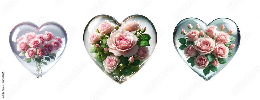 3d realistic pink flower glass heart icon set isolated on a transparent background.
