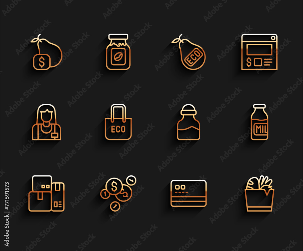 Set line Cash register machine, Coin money with dollar, Price tag for pear, Credit card, Shopping bag and food, recycle, Bottle milk and Spice can icon. Vector Set line Cash register machine, Coin money with dollar, Price tag for pear, Credit card, Shopping bag and food, recycle, Bottle milk and Spice can icon. Vector