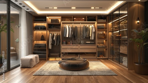 Modern wardrobe design for a master bedroom cloakroom. Created with Generative AI