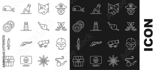 Set line Smoking pipe, Skull, Crossed pirate swords, Pirate treasure map, Lighthouse, coin, bandana for head and eye patch icon. Vector