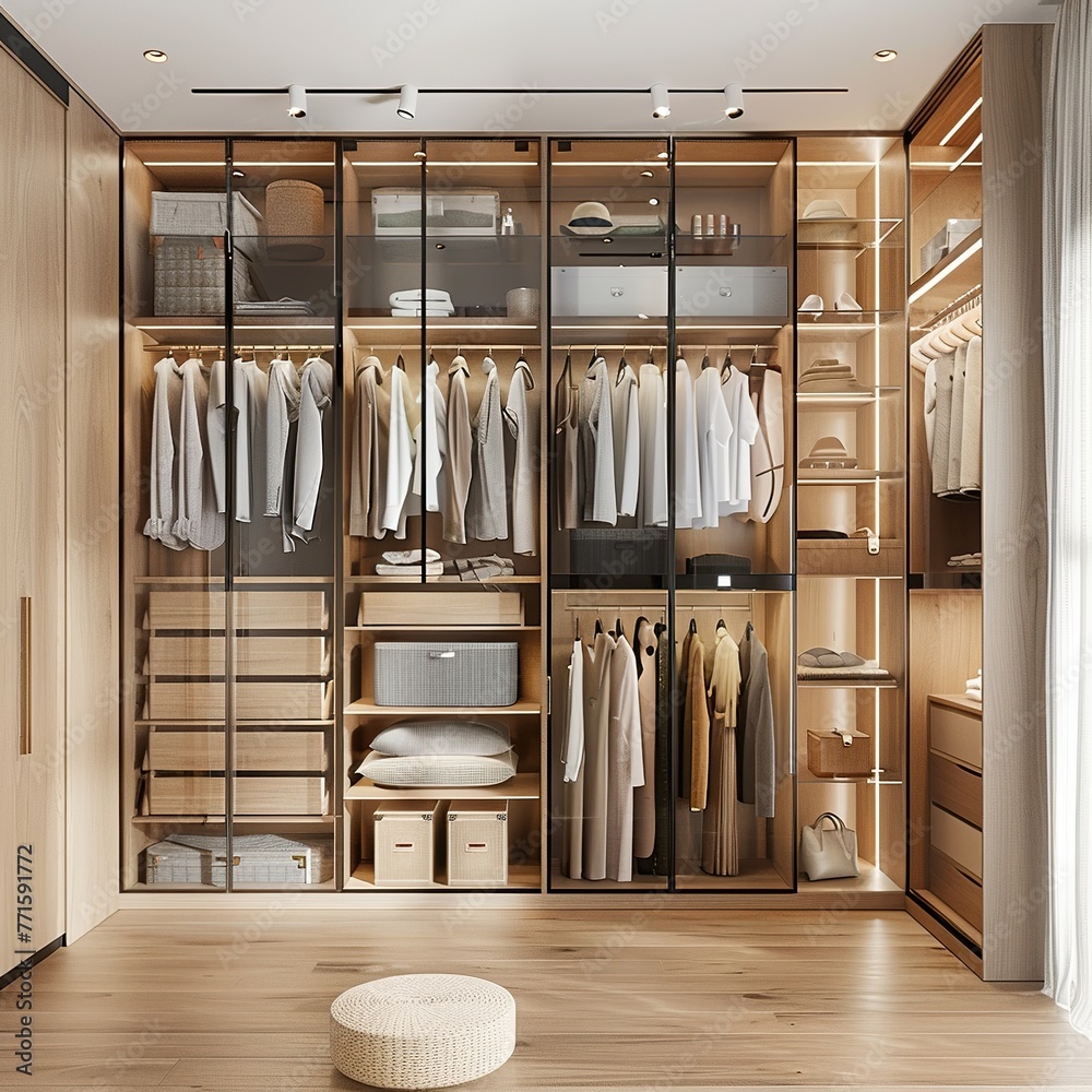Modern wardrobe design for a master bedroom cloakroom. Created with Generative AI Modern wardrobe design for a master bedroom cloakroom. Created with Generative AI