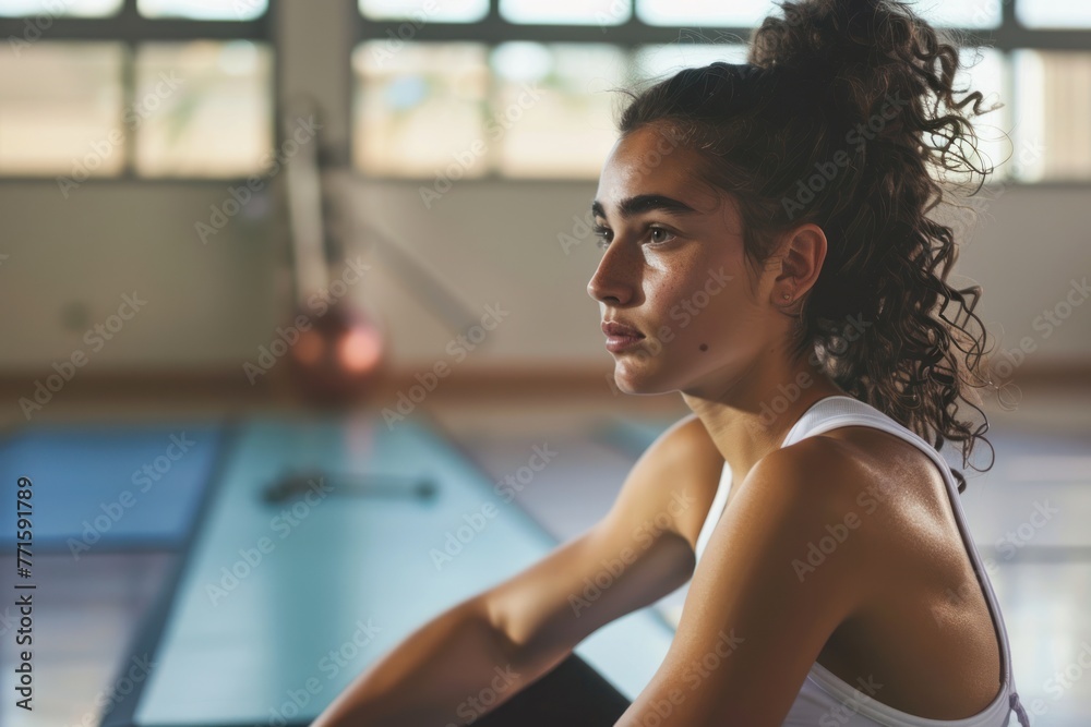 Athletic woman sitting on mat in gym resting after workout