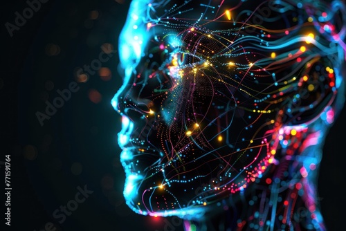 Artificial intelligence portrait with glowing colorfull connection , sentient being concept
