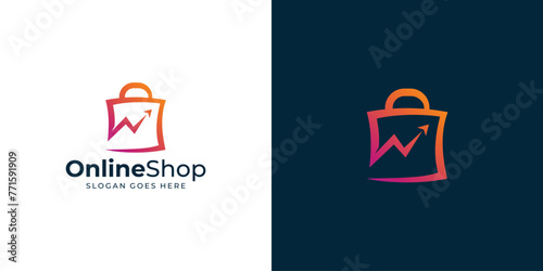 Creative Simple Online Shop Logo. Shopping Bag and Arrow Up, Grow, Cursor with Modern Minimalist Style. Online Store Logo Icon Symbol Vector Design Inspiration.