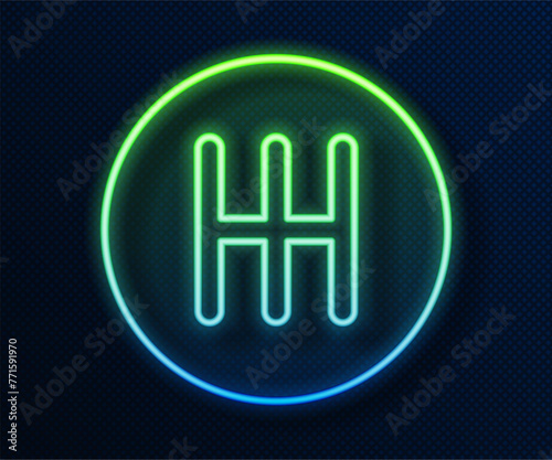 Glowing neon line Gear shifter icon isolated on blue background. Transmission icon. Vector
