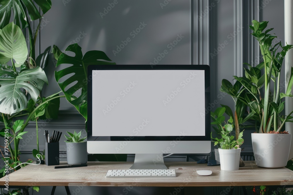 Blank screen desktop computer in office room with plant decorations and copy space