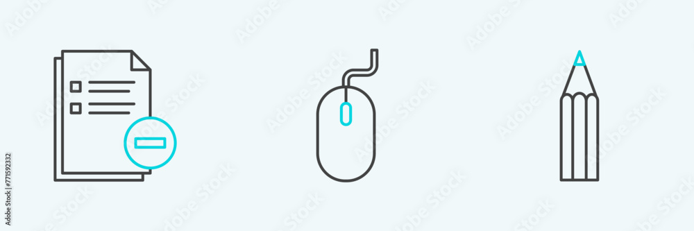 Set line Pencil, Document with minus and Computer mouse icon. Vector Set line Pencil, Document with minus and Computer mouse icon. Vector