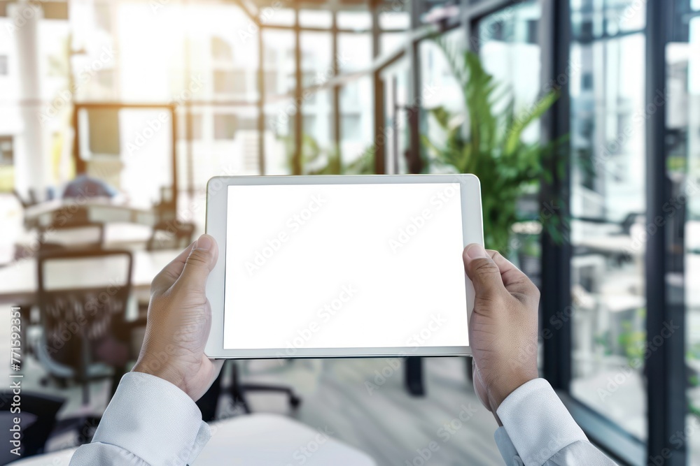 Business man holding in hands tablet computer with blank screen in modern bright office Business man holding in hands tablet computer with blank screen in modern bright office