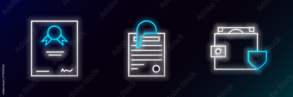 Set line Wallet and money with shield, Certificate template and File document paper clip icon. Glowing neon. Vector Set line Wallet and money with shield, Certificate template and File document paper clip icon. Glowing neon. Vector