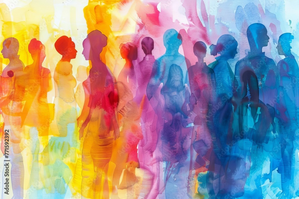 Abstract colorful watercolor painting depicting diverse people united, artistic illustration