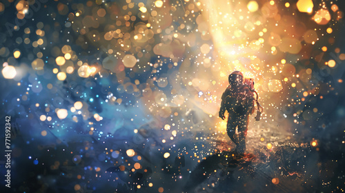 Astronaut in outer bokeh space galaxy. photo