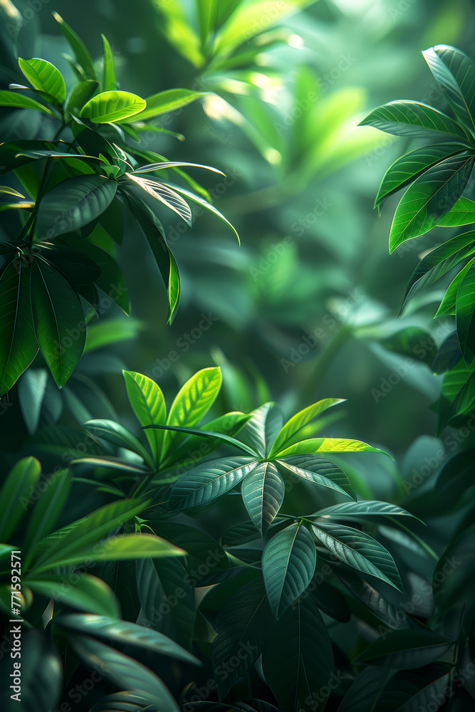 Obraz premium A tranquil emerald-green abstract background, resembling the lush foliage of a serene forest