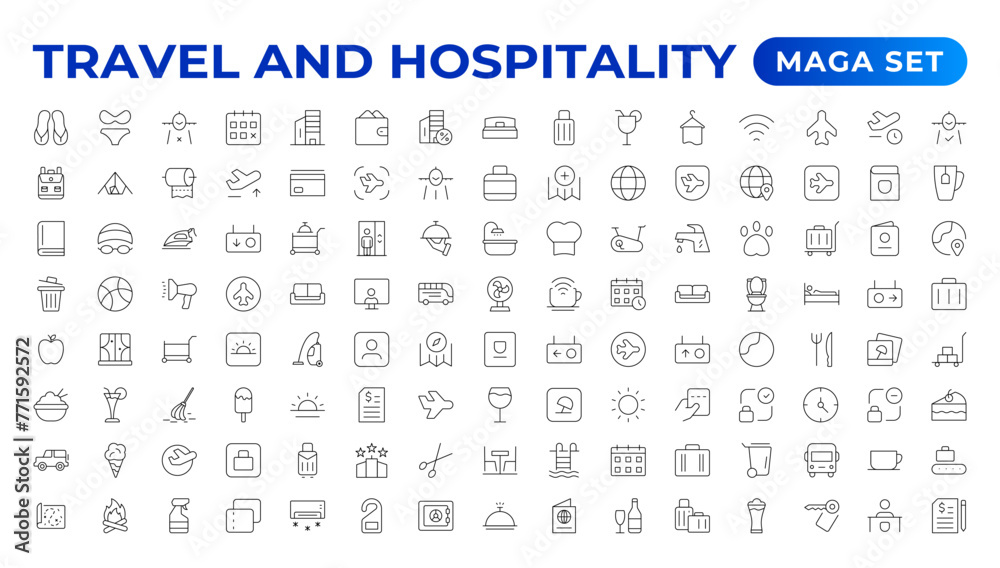 Set of outline icons related to the hospitality industry. Editable stroke. Vector illustration.Travel set. Summer vacations and holiday symbol vector illustration. traveling tourism elements. - obrazy, fototapety, plakaty 