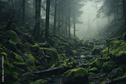 mossy grass and fog in a forest