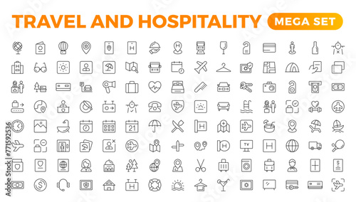 Set of outline icons related to the hospitality industry. Editable stroke. Vector illustration.Travel set. Summer vacations and holiday symbol vector illustration. traveling tourism elements.