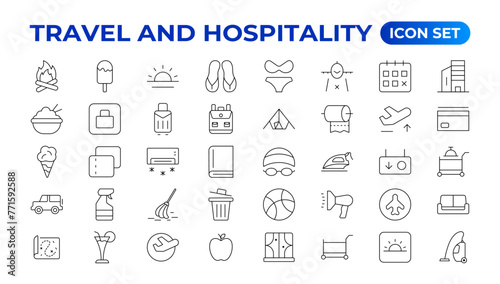 Set of outline icons related to the hospitality industry. Editable stroke. Vector illustration.Travel set. Summer vacations and holiday symbol vector illustration. traveling tourism elements.