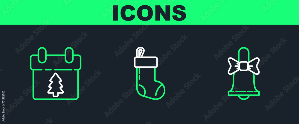 Set line Merry Christmas ringing bell, Calendar and stocking icon. Vector Set line Merry Christmas ringing bell, Calendar and stocking icon. Vector