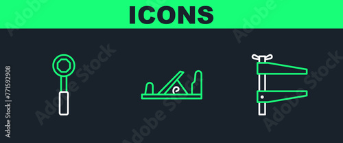 Set line Clamp tool, Wrench spanner and Wood plane icon. Vector