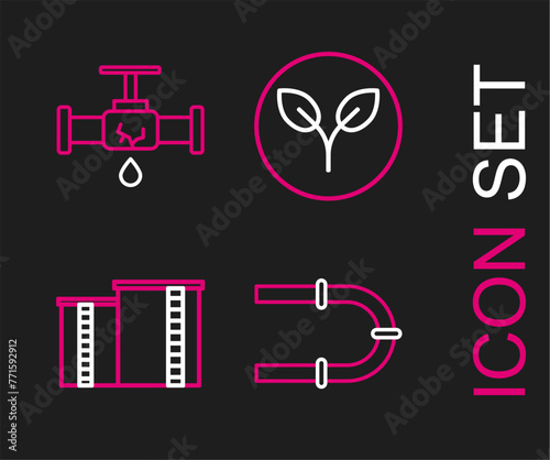 Set line Industry pipe, Oil industrial factory building, Bio fuel and Broken with leaking water icon. Vector