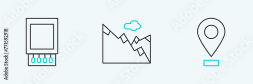 Set line Location, Open matchbox and matches and Mountains icon. Vector