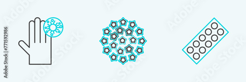 Set line Pills in blister pack, Hand with virus and Virus icon. Vector