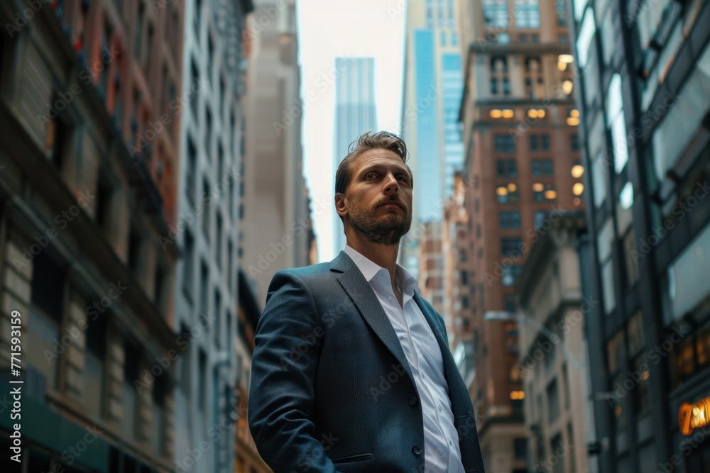 Confident executive man posing on street between tall buildings Confident executive man posing on street between tall buildings