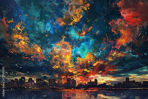 Abstract Cloudscape above City in Style of Van Gogh s Oil Paintings  Surreal Illustration