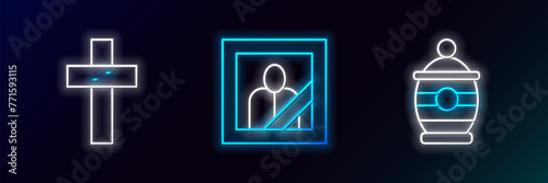 Set line Funeral urn, Christian cross and Mourning photo frame icon. Glowing neon. Vector