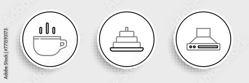 Set line Kitchen extractor fan, Coffee cup and Cake with burning candles icon. Vector