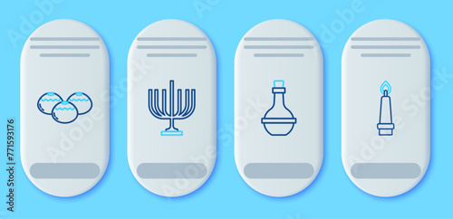 Set line Hanukkah menorah  Jewish wine bottle  sweet bakery and Burning candle icon. Vector