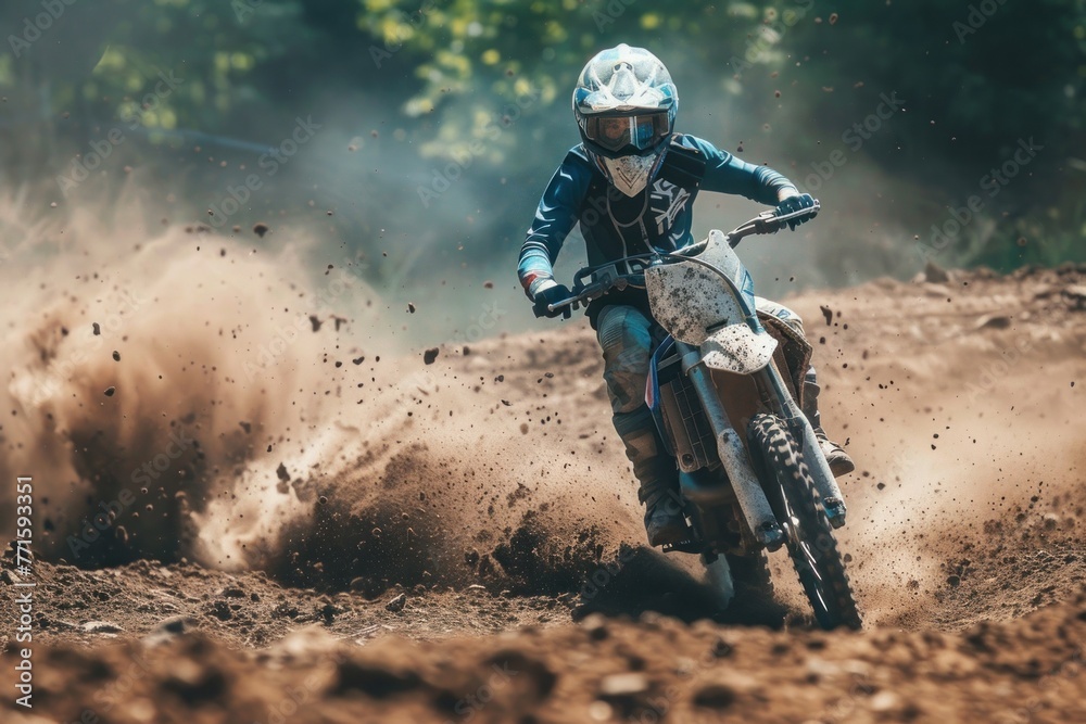 Dirt bike rider racing down a dirt track