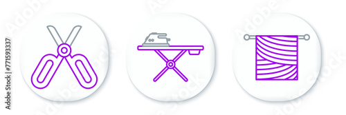 Set line Knitting, Scissors and Electric iron and ironing board icon. Vector