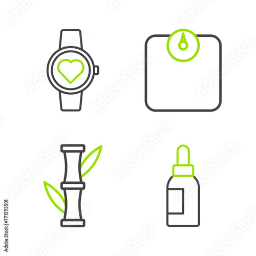 Set line Essential oil bottle, Bamboo, Bathroom scales and Smart watch icon. Vector