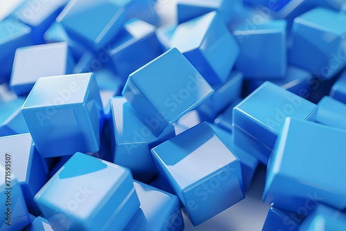 Abstract Blue Cubes on White Background, Minimalist Geometric Shapes 3D Render