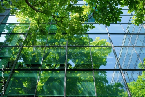 Eco architecture. Green tree and glass office building
