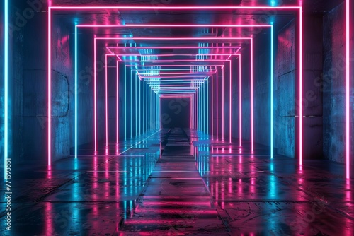 Abstract blue and pink neon lines on black background, reflective 3D illustration