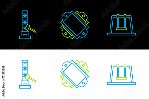 Set line Swing, High striker attraction with big hammer and Ticket icon. Vector