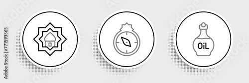 Set line Essential oil bottle, Muslim Mosque and Qibla icon. Vector