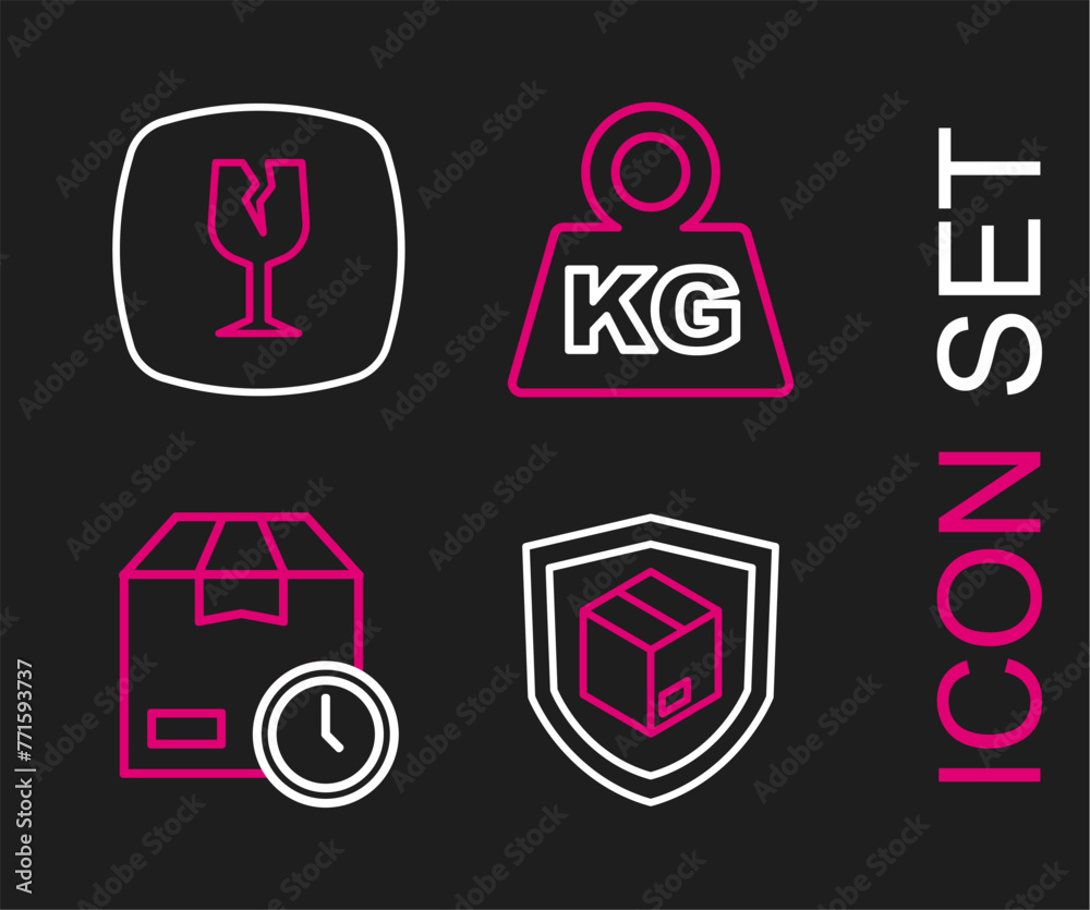 Set line Delivery security with shield, Cardboard box clock, Weight and Fragile broken glass icon. Vector Set line Delivery security with shield, Cardboard box clock, Weight and Fragile broken glass icon. Vector