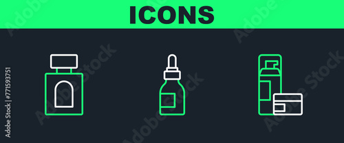 Set line Shaving gel foam, Aftershave and Oil bottle icon. Vector