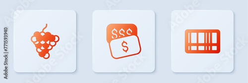 Set New price tag dollar, Grape fruit and Barcode. White square button. Vector