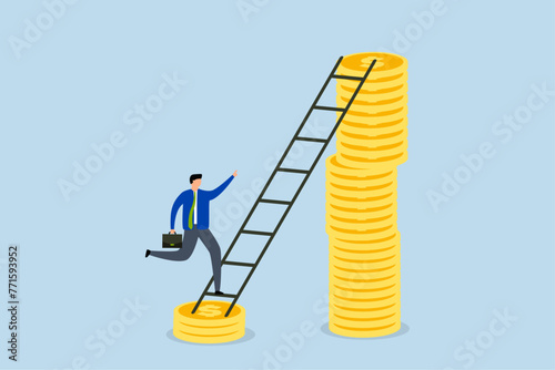 Wage or salary increase, investor climbing from low dollar to higher dollar