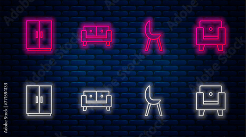 Set line Sofa, Armchair, Wardrobe and . Glowing neon icon on brick wall. Vector