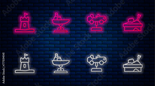 Set line Swing boat, car, Sand tower and Sandbox with sand. Glowing neon icon on brick wall. Vector