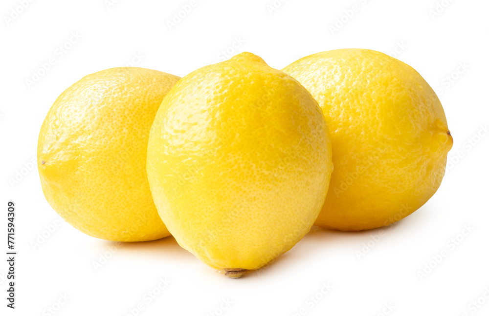 Three whole fresh beautiful yellow lemons in stack isolated with clipping path and shadow in png file format Three whole fresh beautiful yellow lemons in stack isolated with clipping path and shadow in png file format