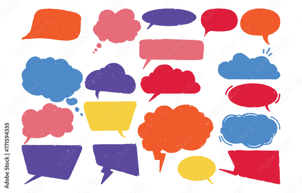 Cute crayon frame speech bubble hand draw set. Crayon chalk background speech bubble frame. Hand drawn chalk pencil dialog balloon, children color doodle text cloud. Vector illustration