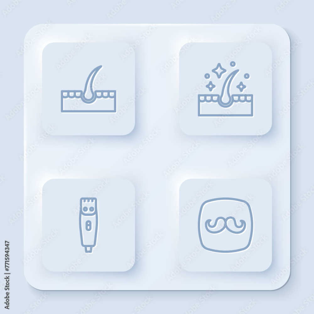 Set line Human hair follicle, Oil for care treatment, Hair clipper and Barbershop. White square button. Vector Set line Human hair follicle, Oil for care treatment, Hair clipper and Barbershop. White square button. Vector