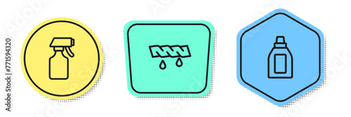 Set line Water spray bottle, Squeeze clothes and Bottle for cleaning agent. Colored shapes. Vector