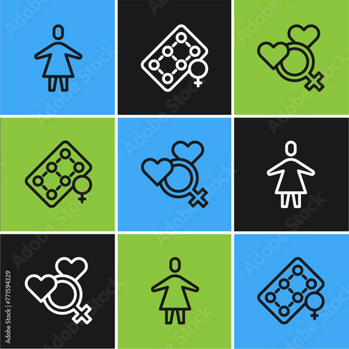 Set line Female, gender and Packaging of birth control pills icon. Vector